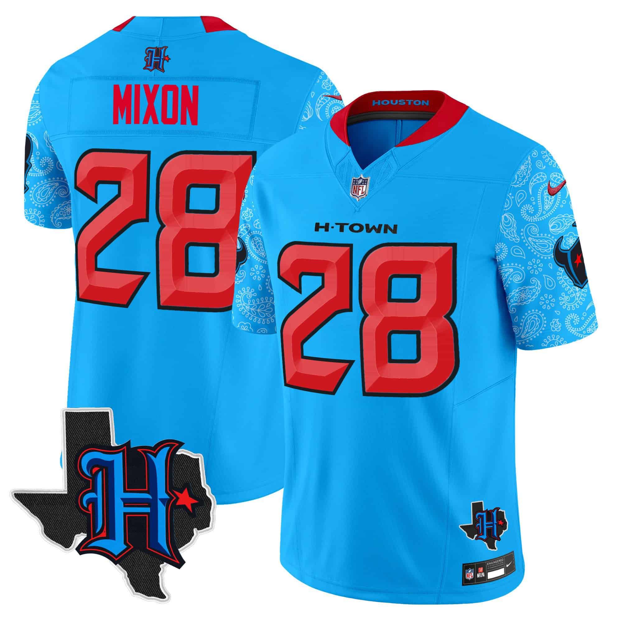 Men Houston Texans #28 Mixon Light Blue 2024 Nike Texas Patch Vapor Limited NFL Jersey